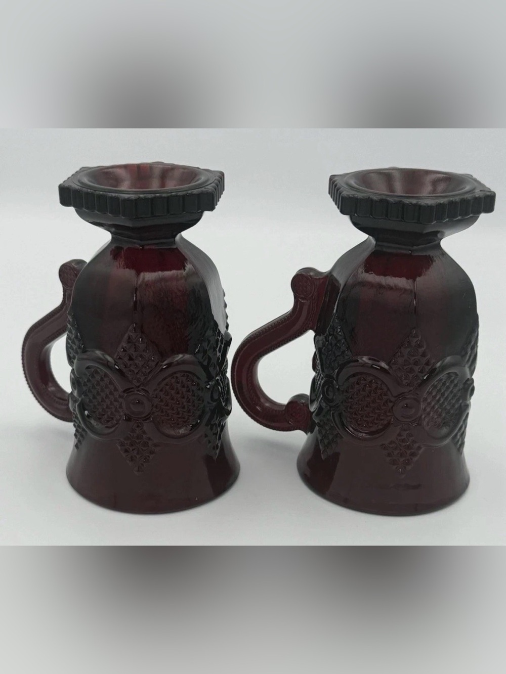 Vintage Avon 1876 Cape Cod Ruby Red Pedestal Glass Coffee Mugs Pressed Lot Of 2 - Picture 5 of 10